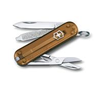 Victorinox Classic SD Mini Swiss Army Knife, Camping Pocket Knives, 7 Functions, Blade, Keyring, Brown Transparent