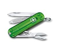 Victorinox Classic SD Mini Swiss Army Knife, Camping Pocket Knives, 7 Functions, Blade, Keyring, Green Transparent