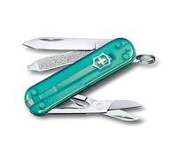 Victorinox Classic SD Mini Swiss Army Knife, Camping Pocket Knives, 7 Functions, Blade, Keyring, Mint Transparent