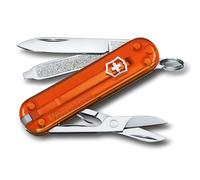 Victorinox Classic SD Mini Swiss Army Knife, Camping Pocket Knives, 7 Functions, Blade, Keyring, Orange Transparent