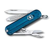 Victorinox Classic SD Mini Swiss Army Knife, Camping Pocket Knives, 7 Functions, Blade, Keyring, Petrol Transparent