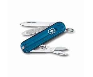 Victorinox Classic SD Mini Swiss Army Knife, Camping Pocket Knives, 7 Functions, Blade, Keyring, Petrol Transparent