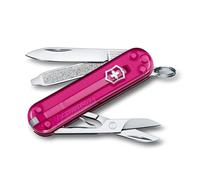 Victorinox Classic SD Mini Swiss Army Knife, Camping Pocket Knives, 7 Functions, Blade, Keyring, Pink Transparent