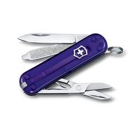 Victorinox Classic SD Mini Swiss Army Knife, Camping Pocket Knives, 7 Functions, Blade, Keyring, Purple Transparent