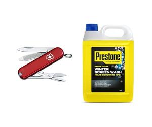 Victorinox Classic SD Swiss Army Knife, Small, Multi Tool, 7 Functions, Scissors, Nail File, Red & Prestone PSCW0029A Winter Screenwash, 5 Litre