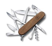 Victorinox Huntsman Wood Swiss Army Knife, 13 Functions, Wood Saw, Walnut | Medium pocket knife for camping and hiking with scissors, large blade, and walnut wood scales. Made in Switzerland.