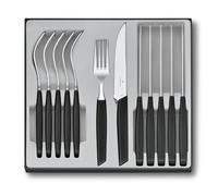 Victorinox Modern Cutlery Set for 6 People, 12-Piece Steak Knife & Fork Set | Durable 12-piece stainless steel flatware with sharp wavy edge steak knives and forks in black. Made in Switzerland.
