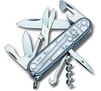 Victorinox Swiss Army Knife Climber - 14 Functions, Scissors, Multitool | Medium pocket knife for climbing and hiking. Features large blade, corkscrew and multipurpose hook. Silver Transparent.
