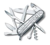 Victorinox Swiss Army Knife Huntsman - Multitool Pocket Knife, 15 Functions | Silver Transparent Medium 91 mm Multitool with Wood Saw, Scissors and Hook for Camping and Hiking. Swiss Made