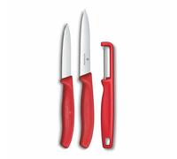 Victorinox Swiss Classic Paring Knife Set, 3pc Tomato Knife & Peeler, Red | Sharp serrated & straight edge kitchen knives for fruit & vegetables, ergonomic handles, dishwasher safe, Swiss Made