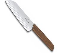 Victorinox Swiss Modern Santoku Knife, 17 cm Fluted Blade, Walnut Wood | Elegant Japanese style chef knife with fluted edge, stainless steel blade and ergonomic walnut handle, Swiss Made