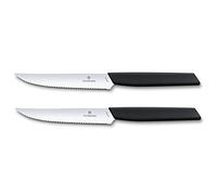 Victorinox Swiss Modern Steak Knife Set, 2 Pieces, 12 cm Wavy Edge, Black | Extra sharp stainless steel blades for effortless slicing and robust handles for dining and professional use.