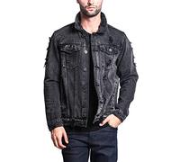 VICTORIOUS Men's Distressed Denim Jacket, Distressed Black, XL