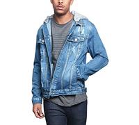 VICTORIOUS Men's Distressed Denim Jacket, Hoodie Indigo, L