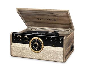 Victrola Empire 6-in-1 Wood Mid Century Modern Bluetooth Record Player with 3-Speed Turntable, CD, Cassette Player and Radio | Farmhouse Walnut | VTA-270B-FNT-INT