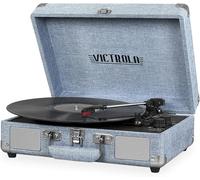 Victrola Journey Bluetooth Portable Suitcase Record Player - with Built-in Speakers, 3 Speed Vinyl Record Player, RCA Out, Headphone Jack (Light Denim Blue Linen)