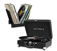 Victrola Journey + Bluetooth Suitcase Record Player with Matching Record Stand & Built-In Speakers - 3 Speed Vinyl Record Player, RCA Out, Headphone Jack, Vinyl Stream, Black