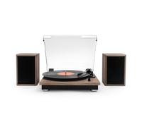 Victrola Montauk - Bluetooth Record Player - Oak | 3-speed belt-drive turntable and pair of stereo Bluetooth speakers, RCA output, 3.5mm aux/headphone jack, dust cover