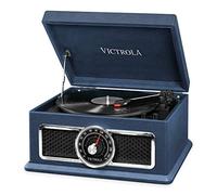 Victrola Plaza 4-in-1 Turntable Music Center, 3-Speed Record Player with Bluetooth, Radio and Built-In Stereo Speakers, Blue Leather