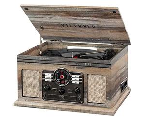 Victrola The Quincy 6-in-1 Bluetooth Record Player & Multimedia Center with Built-in Speakers - 3-Speed Turntable, CD & Cassette Player, AM/FM Radio, Wireless Music Streaming (Farmhouse Shiplap Grey)