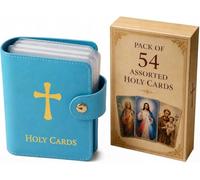 ViCUULY Catholic Holy Card Holder for Women | Prayer Card Organizer with 54 Assorted Saint Prayer Cards Set | Faux Leather Religious Travel Wallet Gift (Blue)