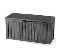 Vidacharmy - Outdoor Garden Storage Box 283L / 75 Gallon, Colour Black and Wood Effect, Water-Resistant Plastic Outdoor Locker with Lockable Lid for Furniture Cushions, Logs, Tools