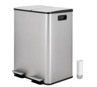 Vidacharmy -Recycling Bin, Double Bin, Anti-Fingerprint Stainless Steel, with Soft-Close Lid and Pedal, Includes 20 Bin Bags, Separate Compartments for Recycling and Trash (2x30L)