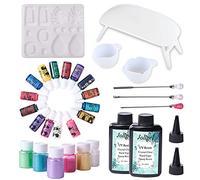 VidaRosa UV Resin Starter Kit with Light + Silicone Molds + 15 Colors Liquid Dye + 6 Colors Diamond Glitter Powder for Jewelry Making, Clear Hard Resin Set for Art Crafts Beginners with Mixing Tools