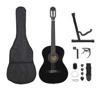 vidaXL Classical Guitar Beginner 12-Piece Package, Full Size 4/4 39", Black Solid Basswood Body and Hard Plastic Fingerboard, with Bag, Strap, Picks, Tuner and Holder