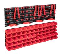 vidaXL 136 Piece Storage Bin Kit with Wall Panels - Red/Black Plastic for Garage, Workshop, Craftroom Organization - Stackable and Customizable