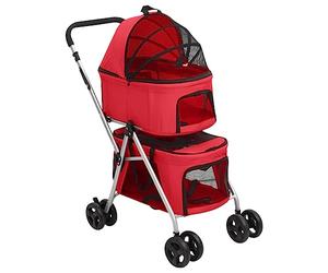 vidaXL 2-Layers Folding Dog Stroller in Vibrant Red - Portable, Comfortable, with Safe Seating and Storage Pockets, Perfect for Outdoor and Hiking Trips