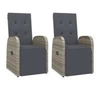vidaXL 2x Reclining Garden Chairs with Cushions Grey Poly Rattan Recliner