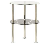 vidaXL 2-Tier Side Table Transparent&Black Marble Tempered Glass End table