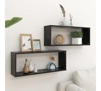 vidaXL 2x Wall Shelf Black Engineered Wood Wall-Mounted Floating Hanging Shelf