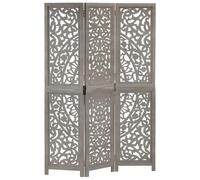 'vidaXL 3-Panel Room Divider in Grey - Hand-Carved, Solid Mango Wood and MDF, Space-Saving Folding Screen for Living Room, Bedroom, Dining Room
