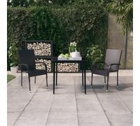 Garden Dining Set 3pc Black PE Rattan Powder-Coated Steel 80cm Table GlassTop x4