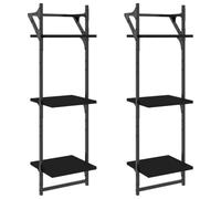 Wall Shelves 2 pcs Black Engineered Wood and Metal 30x25x100cm Floating Rack+Bar