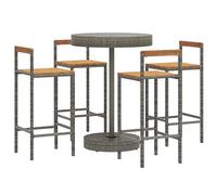 vidaXL 5 Piece Garden Bar Set - Outdoor Furniture Set with 4 Stools and Round Bar Table - Grey Poly Rattan and Solid Acacia Wood - Weather-Resistant, Comfortable Seating, Easy Assembly