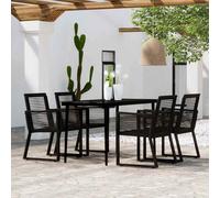 Garden Dining Set 5pc Black 140cm Powder-Coated Steel Glass PVC Rattan OutdoorUK