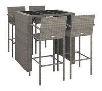 vidaXL 5-Piece Patio Bar Set in Gray - Weather-Resistant Poly Rattan with Armrests Backrests Built-in Footrests and a Tempered Glass Tabletop - Mod