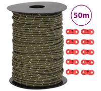 vidaXL Tent Guy Rope - 50 m Green 3 mm Polypropylene with Reflective Strip & Aluminium Tensioners
