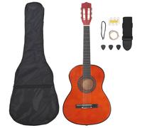 vidaXL Classical Guitar Kids and Beginners Set 3/4 36", Complete Package with Bag, Strap, Picks, Pitch Pipe, Strings Included, Dark Wood Finished Basswood