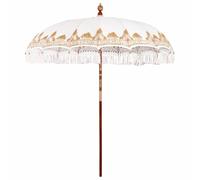 Parasol Cream Cotton Round 215x215x260cm Solid Wood Pole Hand-Carved Trim Fringe