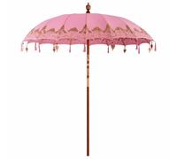 vidaXL Balinese Parasol Pink (210-220) x 260 cm Cotton and solid wood, Garden and Terrace, Round, Balinese, Collapsible, Sun Canopy, Patio Umbrella, Outdoor Shield, Shade Solution