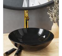 vidaXL Bathroom Sink with Tap and Push Drain Black Tempered Glass