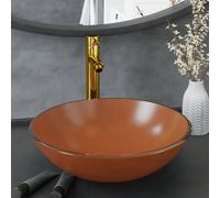 vidaXL Bathroom Sink with Tap and Push Drain Brown Tempered Glass