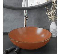 vidaXL Bathroom Sink with Tap and Push Drain Brown Tempered Glass