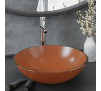 vidaXL Bathroom Sink with Tap and Push Drain Brown Tempered Glass