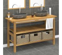vidaXL Bathroom Vanity Cabinet with River Stone Sinks Solid Wood Teak