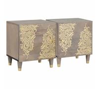 Bedside Cabinet Grey Solid Mango Wood 40x33x46 cm Matte Finish Gold Knob Elegant